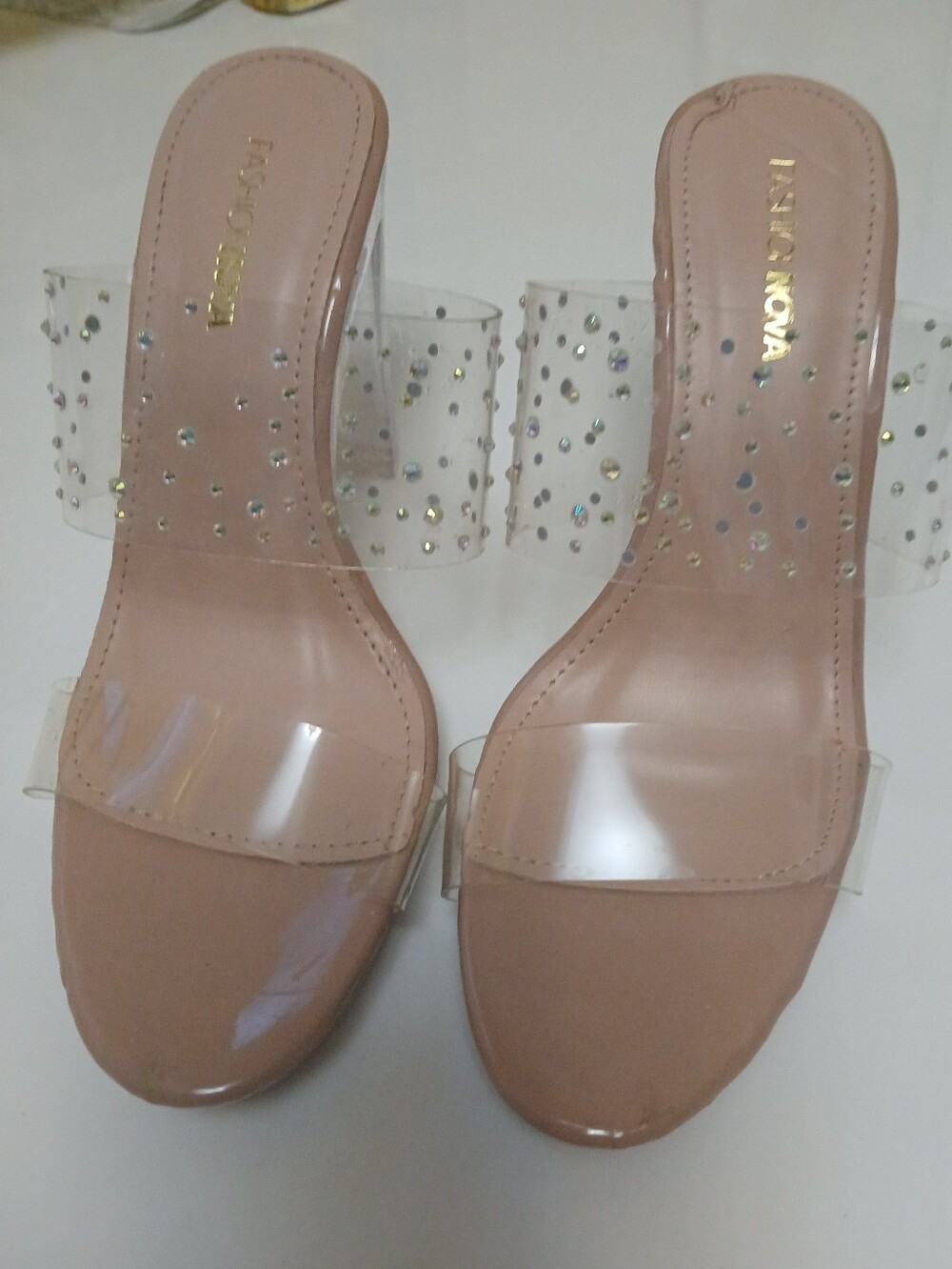 Fashion Nova Nude Clear Rhinestone Slide Mules